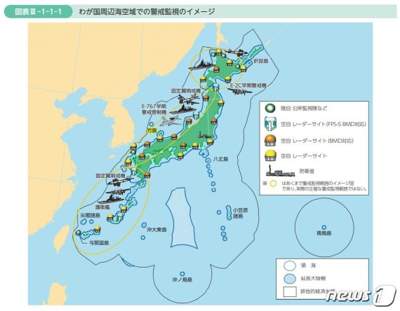 2020년판 일본 방위백서에서 실린 '일본 주변 해·공역에서의 경계감시' 이미지. 독도가 '다케시마'(竹島)란 이름의 일본 영토로 표기돼 있다. (일본 방위성) © 뉴스1