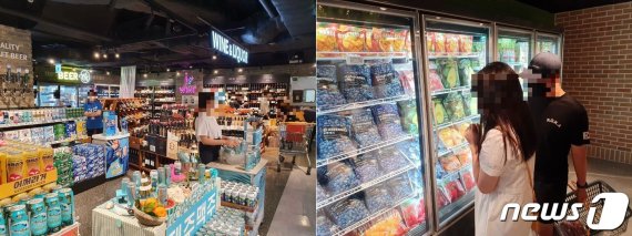 19일 낮 12시 이마트 신촌점 지하 2층 주류 매장이 한산하다.(왼쪽) 소규모 그로서리 매장을 방문한 20대 소비자 커플이 상품을 둘러보고 있다.2020.7.19/뉴스1© 뉴스1 최동현 기자