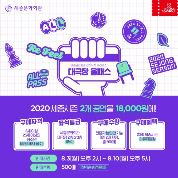 세종문화회관, 청소년 위한 '2020 대극장 올패스' 500매 한정 판매