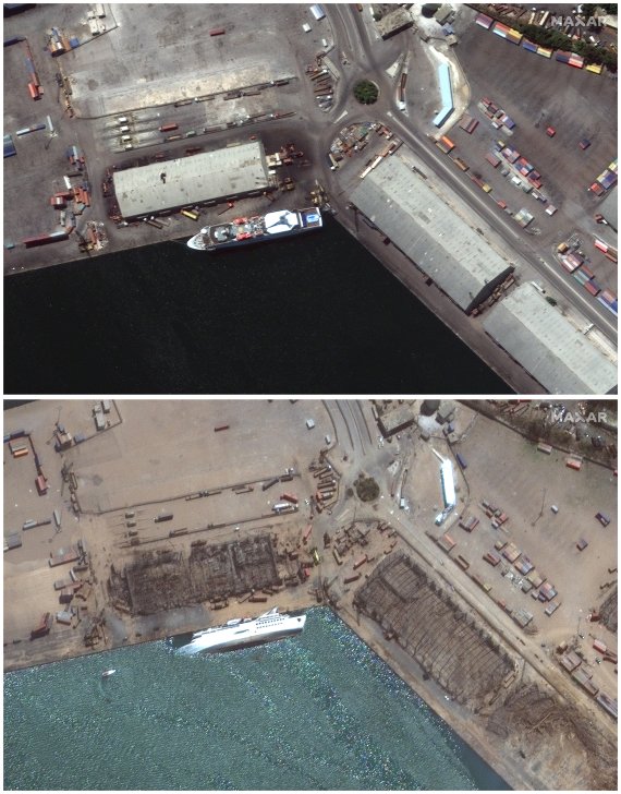 지난 7월 31일(현지시간) 촬영된 레바논 베이루트 항구(위쪽 사진)와 이달 5일 같은 곳을 촬영한 위성 사진(아랫쪽 사진).AP뉴시스