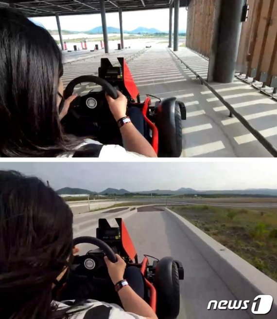 카트 위에 앉아 출발 신호를 기다릴 때도 제주도의 멋진 자연광경이 눈에 들어온다. 안전을 위해 주행 중에는 사진 촬영을 할 수 없으며 주행을 마친 즉시 카트에 달린 촬영기기가 9.81파크 모바일 앱으로 주행영상을 공유해준다. © 뉴스1 송화연 기자