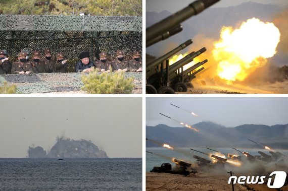 (평양 노동신문=뉴스1) = 김정은 북한 국무위원장이 조선인민군 제7군단과 제9군단 관하 포병부대들의 포사격 대항경기를 지도하는 모습. [국내에서만 사용가능. 재배포 금지. DB 금지. For Use Only in the Republic of Korea. Redistribution Prohibited] rodongphoto@news1.kr