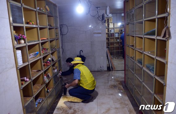 집중호우로 광주 영산강 인근에 있던 S추모관 내 유골함 1800여기가 침수피해를 당한 가운데 10일 한 유가족이 지하 1층에서 물에 젖은 유골함을 꺼내고 있다.2020.8.10 /뉴스1 © News1 박준배 기자