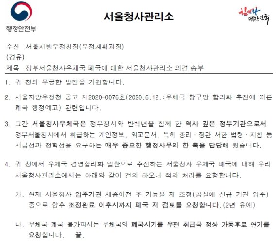 50년 역사 '정부청사 우체국' 폐국..민간위탁으로 공적기능 유지될까