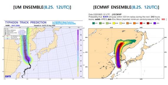 보통 예보 24시간 이내로 들어오면 변동성이 적지만, 바비는 두 가지 수치모델 모두 바비의 변동성이 큰 것으로 나타났다. 기상청 제공.