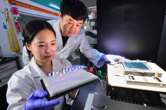KIST 손해정 박사팀의 박소현(왼쪽) 연구원과 박성민 박사가 고효율 유기 태양전지를 큰 면적으로 만들고 이것을 이용해 LED 전력 테스트를 하고 있다. KIST 제공