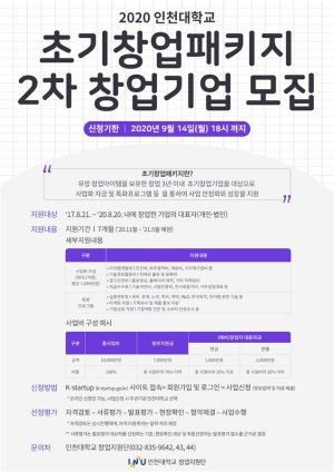 2020년 초기창업패키지 2차 창업기업 모집 포스터. 인천대 창업지원단 제공.