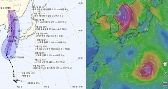 기상청이 지난 1일 22시 발표한 제 9호 태풍 마이삭의 경로(왼쪽)와 체코 날씨 앱 ‘윈디’가 예상한 태풍 경로(오른쪽). 사진=기상청·윈디
