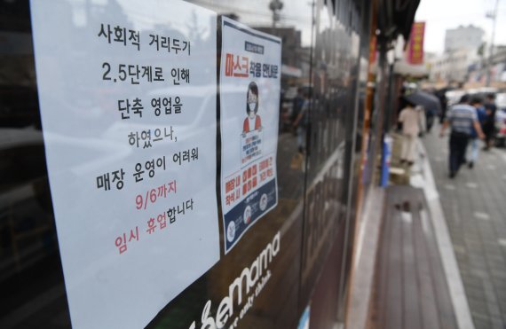 사회적 거리두기 2.5단계 시행으로 자영업자와 소상공인들이 어려움을 겪고 있는 가운데 서울의 한 커피전문점에 매장 운영이 어려워 9월6일 까지 임시휴업을 한다는 문구가 붙어 있다. 사진=김범석 기자