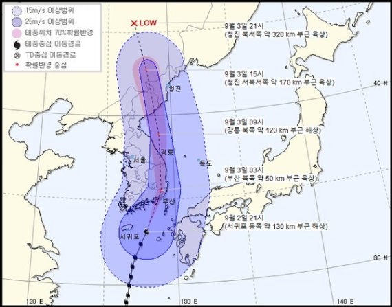 제9호 태풍 마이삭 현재위치와 예상 이동경로.