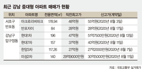 반포 아크로리버파크 179㎡ 55억… 강남 중대형 아파트 줄줄이 신고가