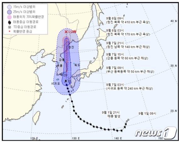 7일 오전 기상청이 발표한 태풍 하이선의 예상 이동 경로(기상청 홈페이지 갈무리)© 뉴스1 /사진=뉴스1