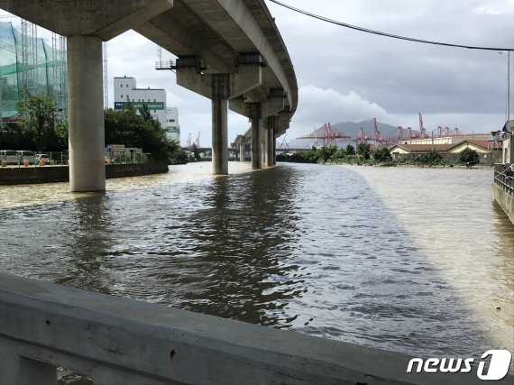 지난 7월 부산지역에 내린 집중호우로 부산 동구 일대를 흐르는 동천의 물이 다리 밑까지 차오른 모습, © News1 DB