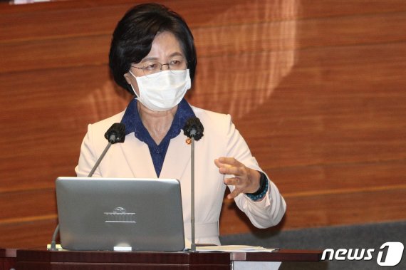 추미애 법무부 장관이 14일 오후 서울 여의도 국회에서 열린 본회의에서 의원들의 질의에 답하고 있다. © News1 성동훈 기자