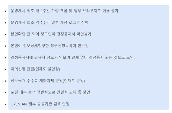 정보공개센터가 발견한 정보공개포털 오류 목록. 정보공개센터 제공.