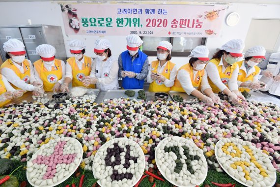 '고려아연과 함께하는 2020 풍요로운 한가위 송편나눔' 행사가 23일 오전 서울 동일로 대한적십자사 서울특별시지사 북부봉사관에서 열려 고려아연 임직원과 적십자 봉사단원 및 직원들이 송편을 빚고 있다. 이날 빚은 송편은 중랑구와 노원구, 성북구 거주 취약계층 어르신 145세대에 전달된다. 사진=서동일 기자