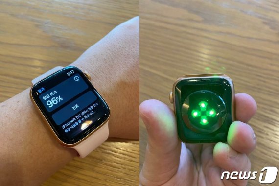 애플워치6에 새롭게 탑재된 '혈중 산소 포화도 측정' 기능과 측정을 위한 4개 LED 클러스터. © 뉴스1