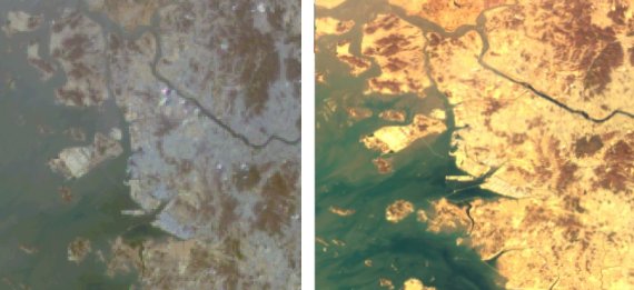 인천 서해 인근을 천리안위성 1호가 관측한 영상(왼쪽)과 2B호의 관측 영상. 오른쪽 사진에서는 서해안 갯벌 지대와 수질 특성이 보다 명확하게 보이고 1호 위성에서는 식별이 어려웠던 인천대교의 모습도 선명하게 볼 수 있다. 사진=과기정통부 제공