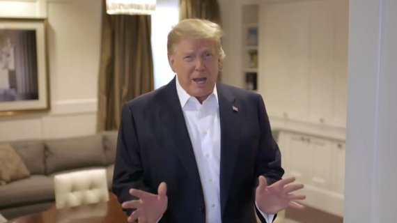 U.S. President Donald Trump makes an announcement from the Walter Reed National Military Medical Center, where he is being treated for the coronavirus disease (COVID-19), in Bethesda, Maryland, U.S. October 4, 2020, in this still image taken from a video posted on Trump's twitter page.로이터뉴스1