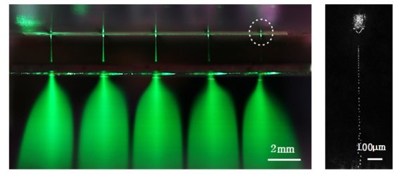 초미세 물방울이 대량으로 정전분무되고 있다(왼쪽 사진). 초미세 노즐에서 마이크론 단위의 물방울이 jet 모드로 나온다(오른쪽 사진). jet 모드 물방울은 다시 초미세 물방울로 분산된다. KAIST 제공