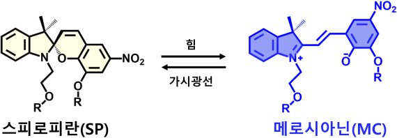 스피로피란(SP) 분자 센서의 화학적 구조가 힘에 반응해 메로시아닌으로 변한다. KSIT 제공