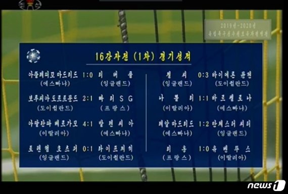 북한 조선중앙TV에 소개한 2019-2020 UEFA 챔피언스리그 16강전 결과. 손흥민 선수가 속한 토트넘 훗스퍼는 '토텐햄 호츠퍼'라고 표기돼 있다. ('조선중앙TV' 갈무리)© 뉴스1