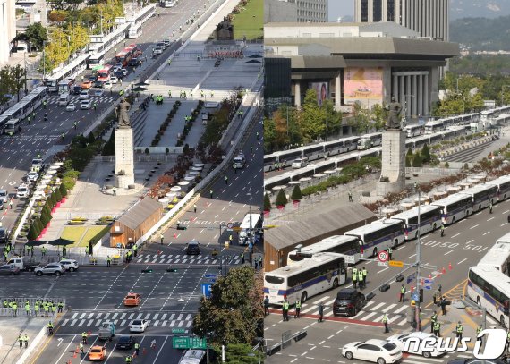지난 10월3일 개천절 광화문광장 일대 설치된 차벽 모습(오른쪽)과 9일 한글날 광화문광장 일대 설치된 차벽 모습. 2020.10.9/뉴스1 © News1 이승배 기자