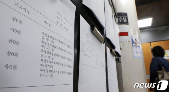 5000억 원대 피해를 유발한 옵티머스자산운용 핵심 관계자들의 첫 공판이 열린 16일 서울 서초구 서울중앙지방법원 공판 안내 게시판에 옵티머스 사건 관련 공판 안내문이 붙어 있다. 2020.10.16/뉴스1 © News1 송원영 기자