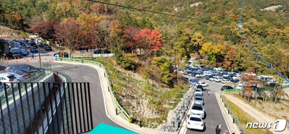 충북 보은 속리산 말티재 일대를 찾는 관광객들이 주차하는데 큰 불편을 겪고 있다. (독자제공)© 뉴스1