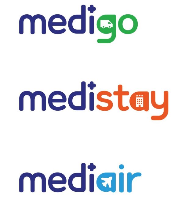 부산 의료관광 패키지 통합 브랜드 메디고, 메디스테이, 메디에어의 로고.