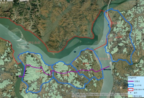 정부가 추진하는 한강하구 생태조사 지도. 파란색으로 된 부분에서 조사가 실시된다. 조사 면적은 80㎢로 조사는 국립생태원이 맡는다. /사진=통일부