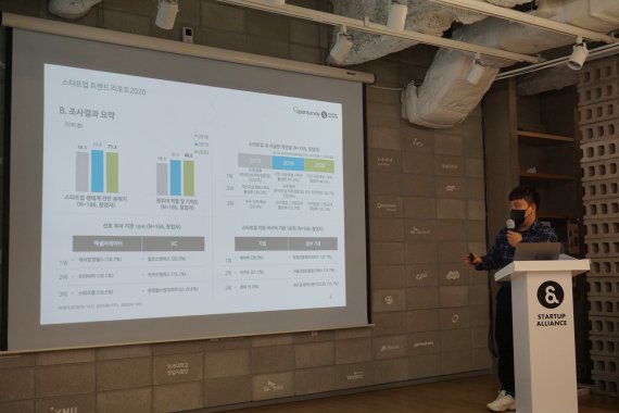 오픈서베이 이창민 매니저가 경기 성남 판교에 위치한 스타트업얼라이언스 앤스페이스에서 '스타트업 트렌드 리포트 2020'을 발표하고 있다. 스타트업얼라이언스 제공