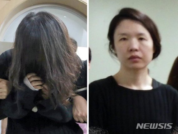 전 남편을 살해한 혐의로 재판에 넘겨진 고유정이 지난해 6월6일 오후 제주 동부경찰서에서 조사를 받은 뒤 머리카락으로 얼굴(왼쪽)을 가렸으나 7일 오후 같은 장소에서 조사를 받기 위해 진술녹화실로 이동하며 얼굴을 들고 있다. 사진=뉴시스