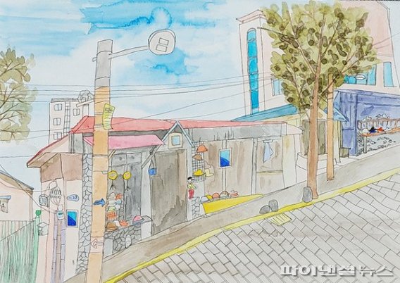 초등 고학년부 금상작 서귀포초등학교 김시우 학생의 '이중섭 화가님이 살았던 초가집 서쪽이'.