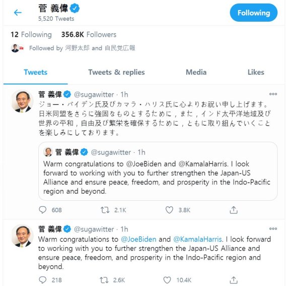 스가 요시히데 일본 총리가 8일 오전 미국 민주당 조 바이든 후보의 승리가 확정되자 트위터를 통해 축하 인사를 했다. 사진은 스가 총리 공식 트위터 계정 캡쳐.