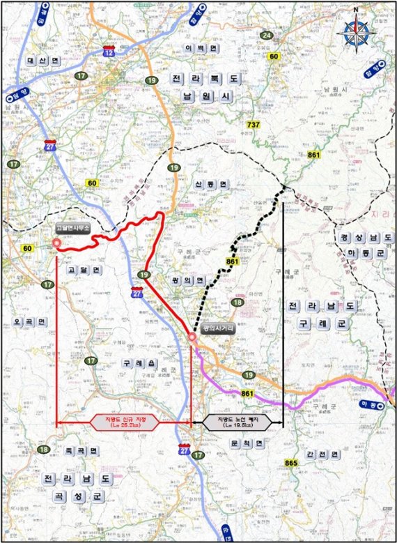 전남도가 '지방도 제861호선' 노선 변경<사진>을 추진, 구례군과 곡성군의 오랜 숙원을 해결할 수 있게 됐다.