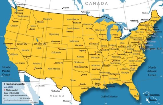 미국 지도. 중앙부 캐나다와 인접한 지역에 노스다코타가 보인다 / 사진출처 = 위키피디아