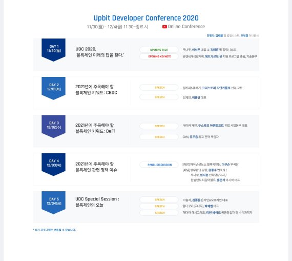두나무가 오는 30일부터 12월 4일까지 총 5일간 '업비트 개발자 컨퍼런스(UDC) 2020'을 UDC 2020 유튜브 채널에서 개최한다고 13일 밝혔다.