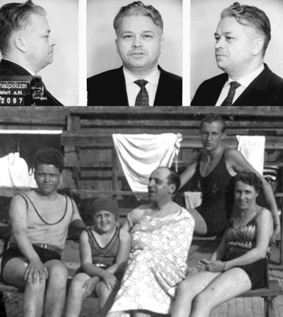 빅토르 카페시우스(Viktor capesius, 1907~1985)가 1963년 프랑크푸르트법정에 출석해 찍은 머그삿(위쪽) 1928년 카페시우스(왼쪽)가 동료들과 수영장에서 기념사진을 촬영했다.© 뉴스1