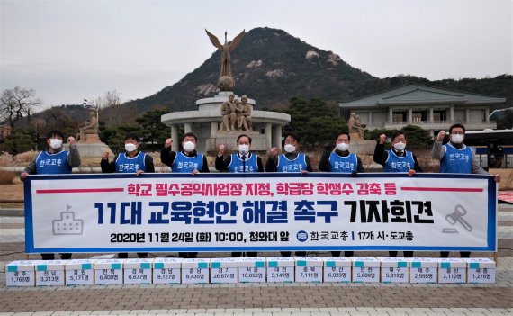 한국교총 하윤수 회장(왼쪽 네 번째)과 17개 시·도교총회장단이 필수공익사업장 지정, 학급당 학생수 감축 등‘11대 교육현안’의 해결 촉구 구호를 외치고 있다. /교총 제공