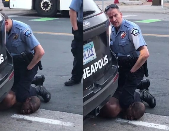 백인 경찰이 흑인 조지 플로이드의 목을 누르고 있는 장면 - 미니애폴리스 스타 트리뷴 영상 갈무리