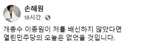 손혜원 전 의원이 9일 개국본 이종원 대표를 비판한 페이스북 글. (페이스북 갈무리) © 뉴스1
