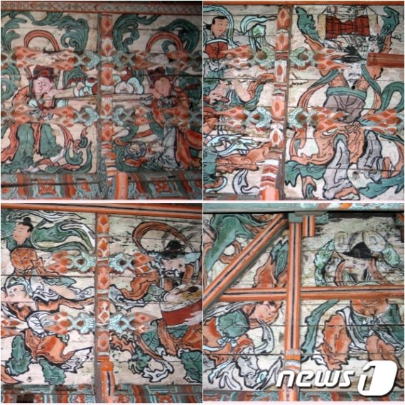 함경남도 고원군 양천사 대웅전 천장에 그려진 무악도(舞樂圖). 무악도들에는 '가야금을 들고 춤을 추는 모습', '장구를 들고 춤추는 모습', '목마를 타고 댕기춤을 추는 모습', '북을 치는 모습', '징을 치며 춤추는 모습' 등이 실감나게 묘사돼 있다. (미디어한국학 제공) 2020.12.19.© 뉴스1