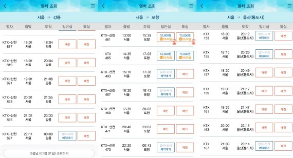 24일 오후 2시 기준 올 연말인 31일 새해 해돋이 명소인 강릉, 포항, 울산 등에 도착하는 KTX표가 빠르게 매진됐다. 사진=최서영 인턴기자