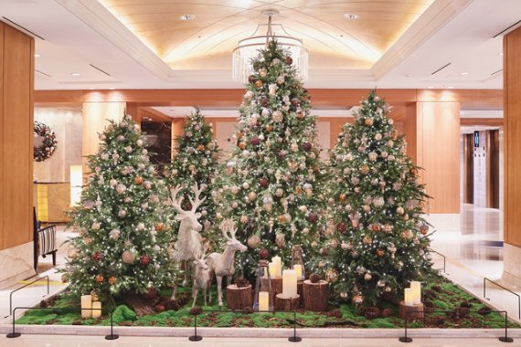 롯데호텔 서울의 로비가 크리스마스 트리들로 장식되어 있다.