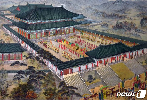 만월대터 발굴성과에 기초해 그린 고려 왕궁과 회경전 앞 태조 왕건의 행차 모습. 이 그림은 왕건릉 입구 정자각에 전시돼 있다. (미디어한국학 제공) 2021.01.30.© 뉴스1