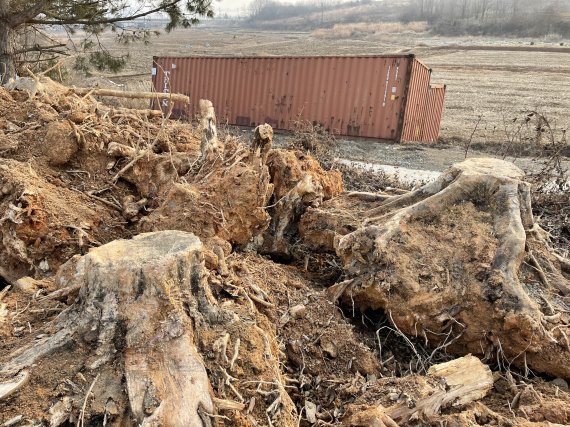 전북 김제의 순동공업단지. 노후된 인도는 정비가 되고 있지만 그 아래는 이렇게 콘테이너와 나무 뿌리들이 너저분하게 버려져 있다.