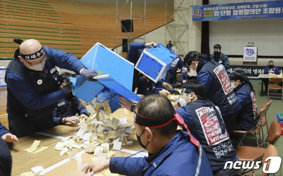 현대중공업 노조 조합원들이 5일 울산 본사 체육관에서 2019·2020년 임단협 잠정합의안에 대한 조합원 찬반투표 개표작업을 하고 있다. 개표 결과 투표에 참여한 조합원 58%의 반대로 잠정합의안은 부결됐다. /사진=뉴스1화상