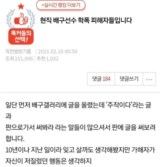 이재영, 다영 자매에게 학교폭력을 당했다고 주장하는 동창생이 쓴 게시글. 온라인 갈무리.