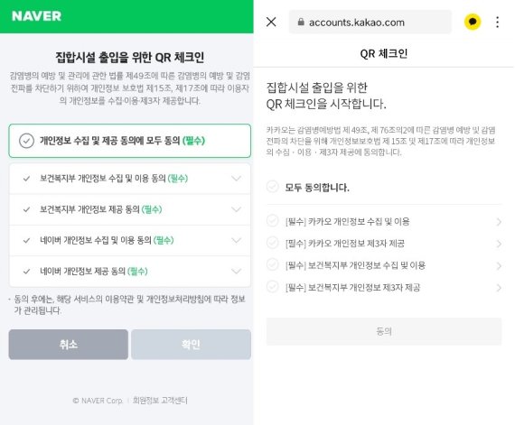 네이버와 카카오의 'QR체크'인 개인정보 수집 및 제공 동의 화면 캡처. 뉴시스